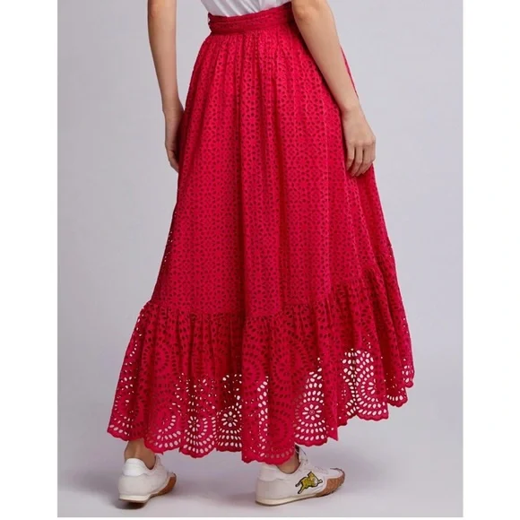 ULLA JOHNSON Lindley Pink Floral Lace Eyelet Midi Skirt Size 2 - Picture 2 of 7